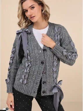 EC Moon River Hesper Heather Grey Cable Knit Lace-Up Cardigan Sweater - Size S